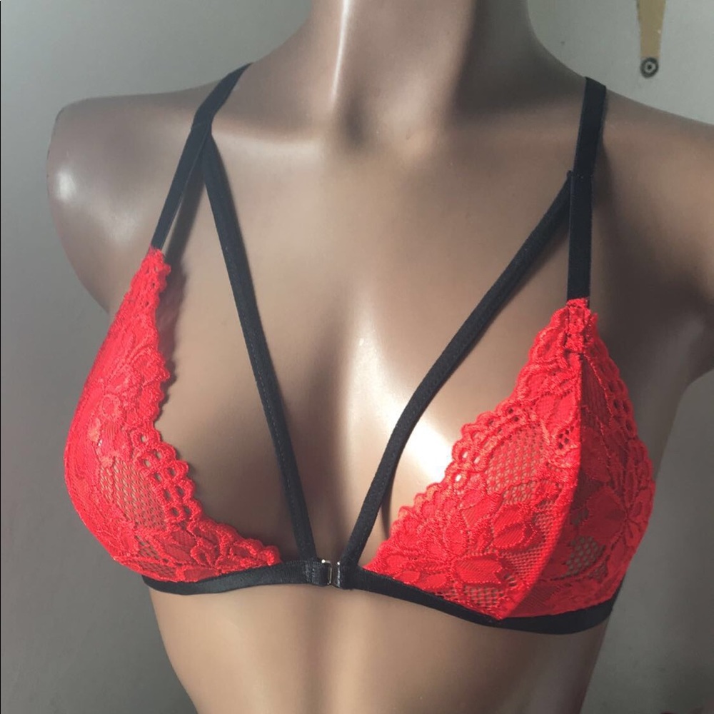 Red Strappy bralette lace front clasp handmade New - Picture 8 of 8